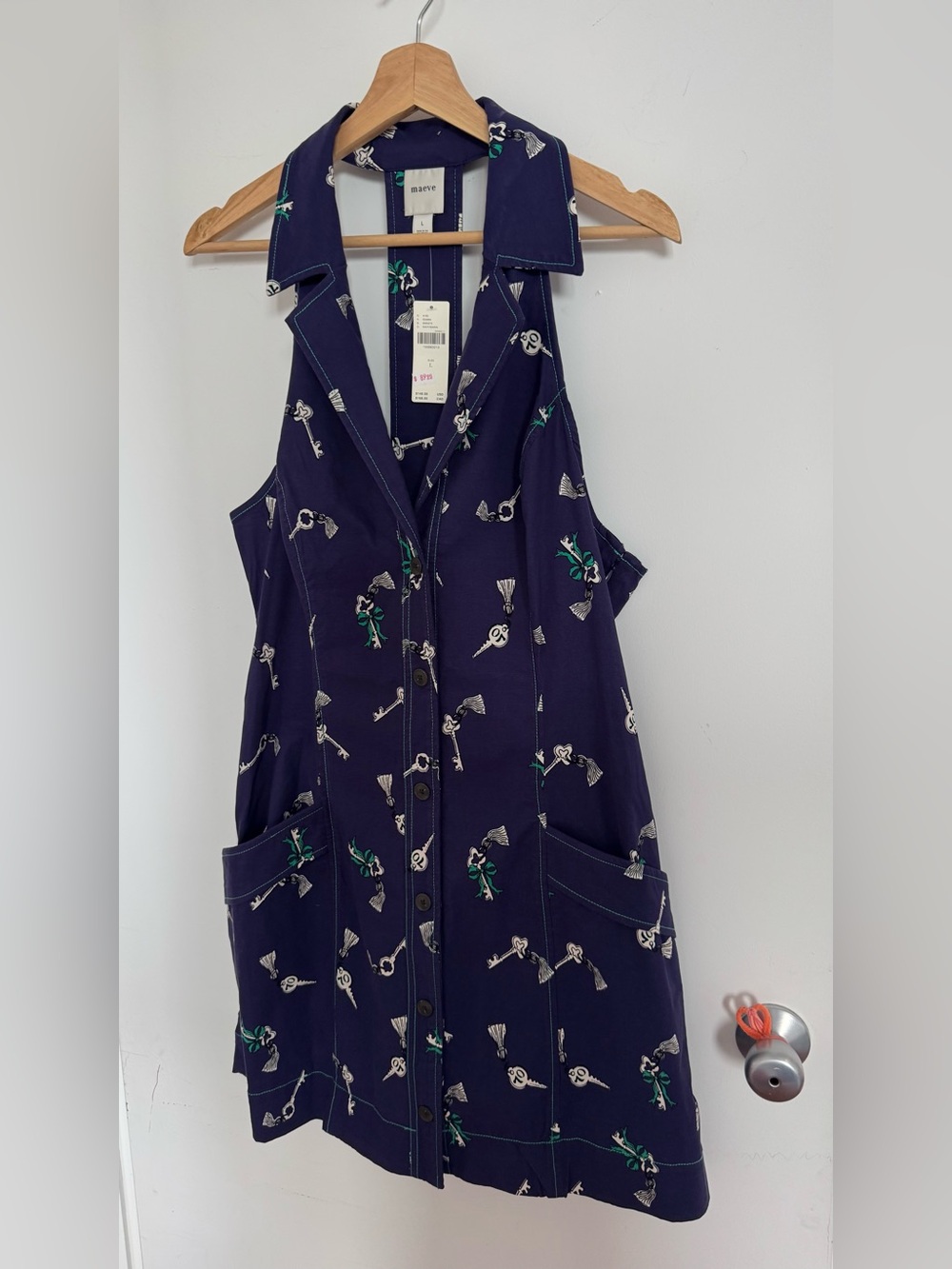NWT Maeve Sleeveless Navy Key & Bow Print Button-Front Dress